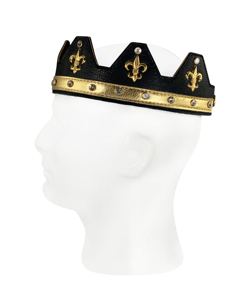 black leather handcrafted crown with fleur-de-lis accents and rhinestones