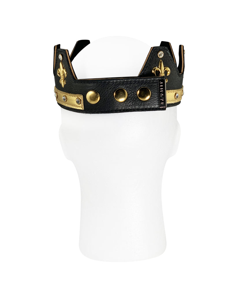black leather handcrafted crown with fleur-de-lis accents and rhinestones